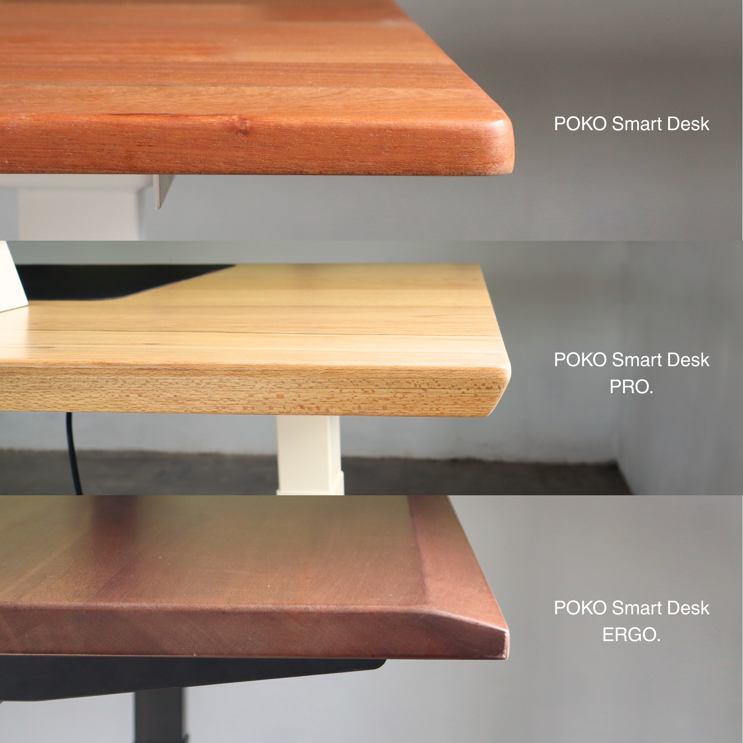 Three different models of POKO Smart Desk with visible branding.